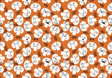 Cartoon faces autumn mushrooms seamless champignons pattern for kids clothes print and wrapping paper and fabrics and packaging and menu and linens and kitchen textiles. High quality illustration