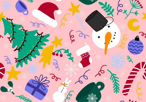 Cartoon Doodle Seamless Christmas Tree Snowman Santa Hat Gifts Pattern — Zdjęcie stockowe