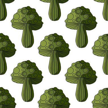 Autumn harvest Halloween fly agaric seamless cartoon mushrooms pattern for wrapping paper and kids clothes print and fabrics and accessories and linens and packaging. High quality illustration