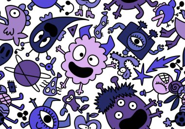 Cartoon monsters aliens seamless kids emoticons pattern for wrapping paper and festive accessories and school notebooks and fabrics and Halloween. High quality illustration