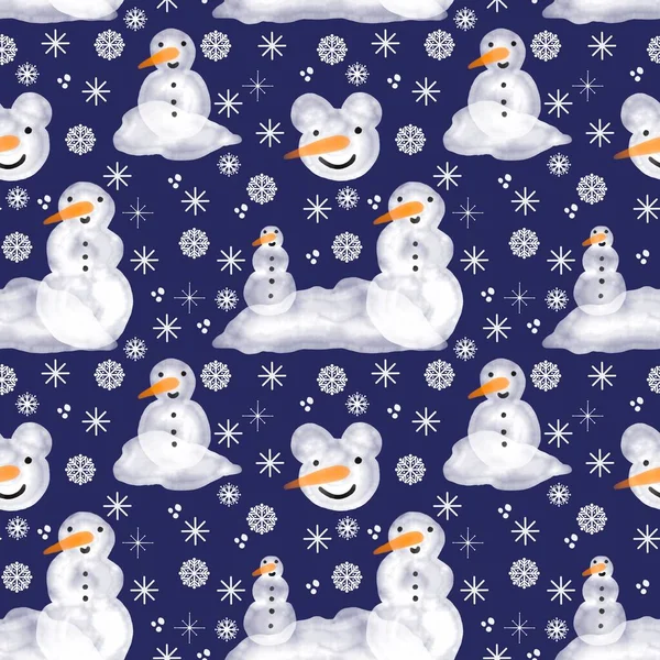 Winter seamless snowman and snowflakes pattern for Christmas wrapping paper and kids notebooks and accessories and fabrics. High quality illustration