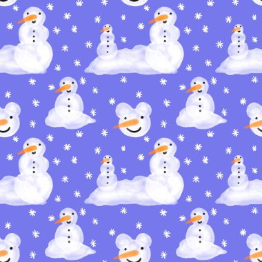 Noel ambalajı için kışın dikişsiz kardan adam ve kar taneleri deseni ve çocukların not defterleri, aksesuarları ve kumaşları. Yüksek kaliteli illüstrasyon