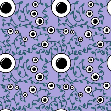 Halloween monsters aliens seamless eyes leaves pattern for wrapping paper and clothes kids print and accessories and notebooks and fabrics. High quality illustration