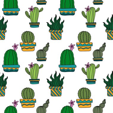 Summer floral seamless cartoon cactus pattern for wrapping paper and kids clothes print and fabrics and accessories and study notebooks and kitchen textiles. High quality illustration