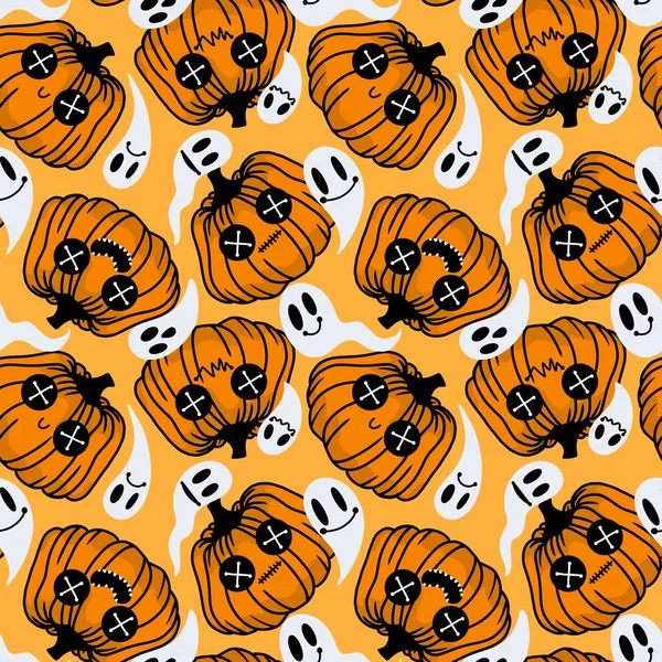 Kawaii cute cartoon Halloween pumpkins seamless autumn harvest pattern for wrapping paper and fabrics and packaging and textiles and kids clothes print and accessories. High quality illustration