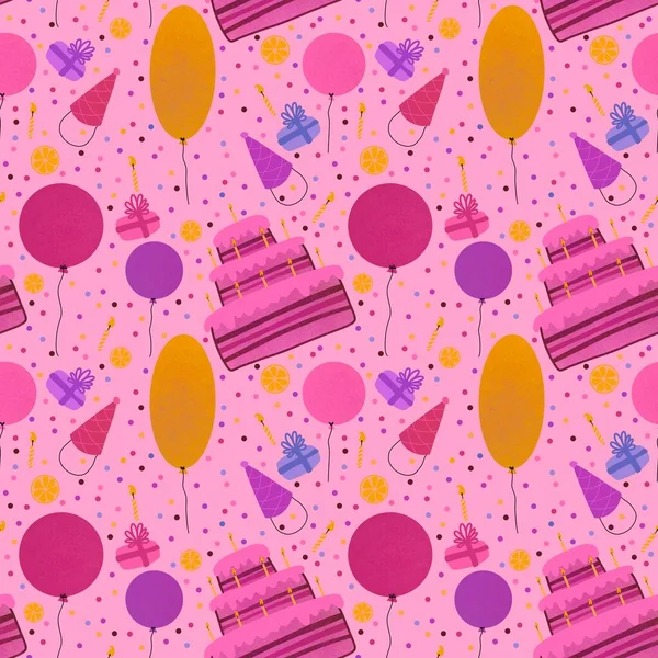 Birthday Cake Balloons Seamless Festive Pattern Kids Wrapping Paper Clothes — Stok fotoğraf