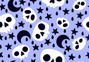 Cartoon doodle seamless Halloween skulls pattern for wrapping paper and clothes print and kids accessories and fabrics and notebooks and textiles. High quality illustration