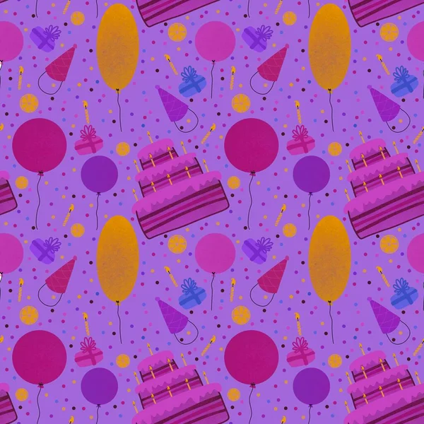 Birthday Cake Balloons Seamless Festive Pattern Kids Wrapping Paper Clothes — 图库照片