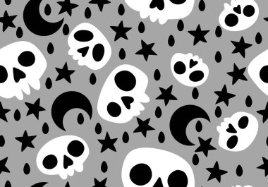 Cartoon doodle seamless Halloween skulls pattern for wrapping paper and clothes print and kids accessories and fabrics and notebooks and textiles. High quality illustration