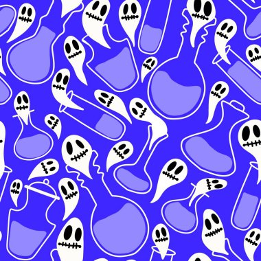 Cadılar Bayramı 'nın kusursuz hayalet zehir iksiri desenli ambalaj kâğıdı ve çocuk giysileri, kumaşlar, aksesuarlar, çarşaflar ve ambalajlar. Yüksek kaliteli illüstrasyon