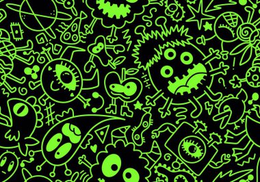 Cartoon monsters aliens seamless kids emoticons pattern for wrapping paper and festive accessories and school notebooks and fabrics and Halloween. High quality illustration