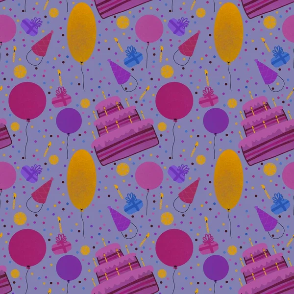 Birthday Cake Balloons Seamless Festive Pattern Kids Wrapping Paper Clothes — Stockfoto