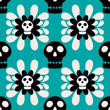 Cadılar Bayramı kafatasları ve çizgiler ve çiçek desensiz iskeletler ambalaj kağıdı ve kıyafet baskısı ve festival aksesuarları ve kumaşlar ve tekstil ve hobiler için çizgi film desenleri. Yüksek kaliteli illüstrasyon