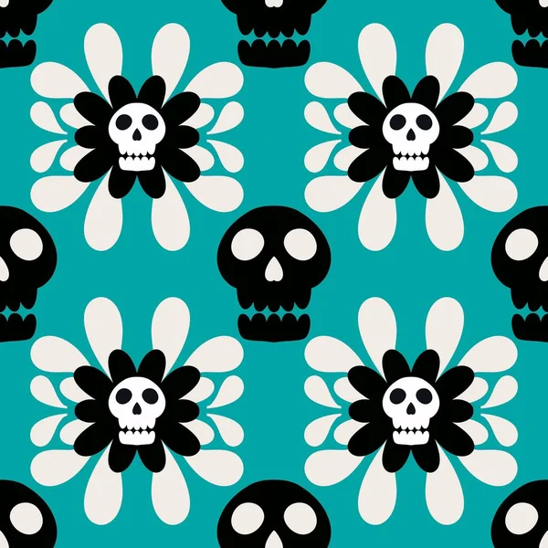 Halloween skulls and stripes and flower seamless skeletons cartoon pattern for wrapping paper and clothes print and festive accessories and fabrics and textiles and hobbies. High quality illustration