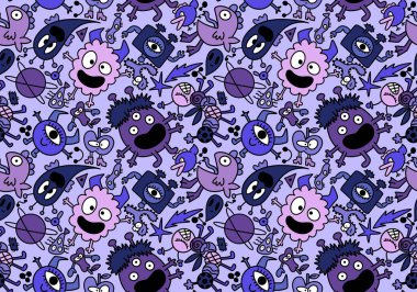 Cartoon monsters aliens seamless kids emoticons pattern for wrapping paper and festive accessories and school notebooks and fabrics and Halloween. High quality illustration