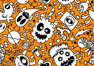 Cartoon monsters aliens seamless kids emoticons pattern for wrapping paper and festive accessories and school notebooks and fabrics and Halloween. High quality illustration