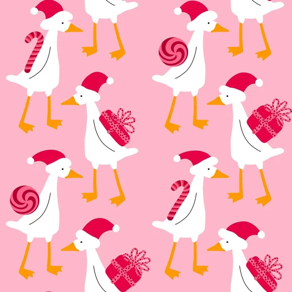 Christmas gifts box cartoon seamless goose animals birds and sugar candy pattern for wrapping paper and kids clothes print and accessories and linens and packaging. High quality illustration