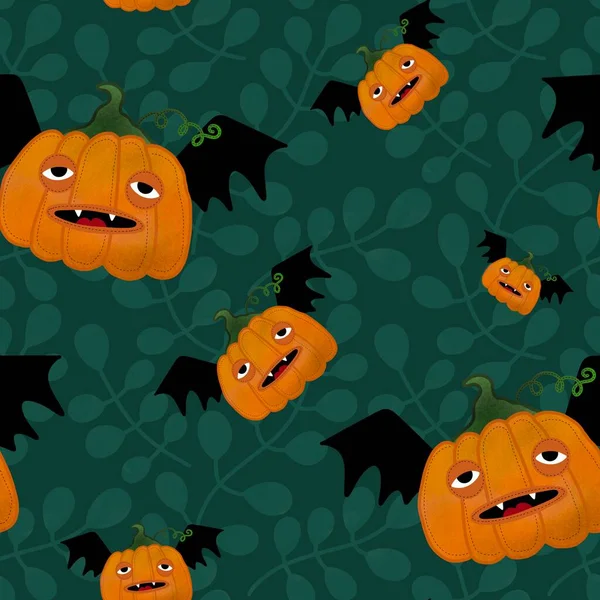 Kawaii Cute Cartoon Halloween Pumpkins Seamless Autumn Harvest Pattern Wrapping — Stockfoto