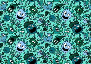 Cartoon monsters aliens seamless kids emoticons pattern for wrapping paper and festive accessories and school notebooks and fabrics and Halloween. High quality illustration
