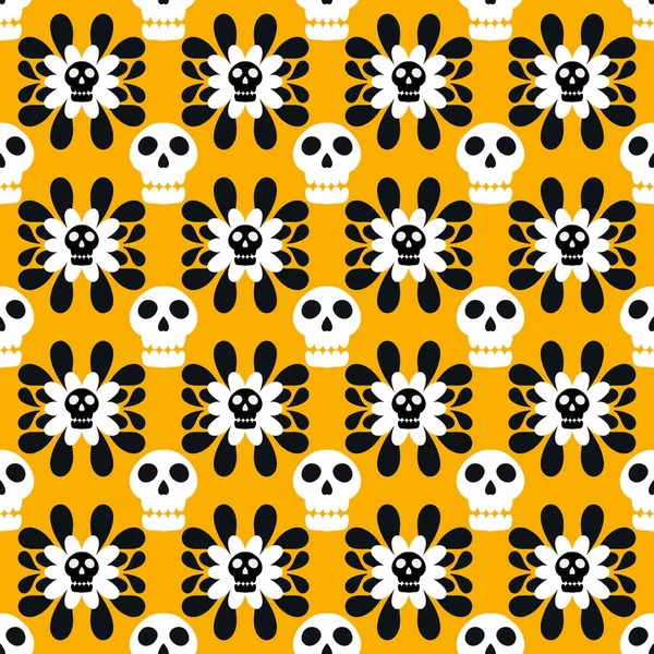 Halloween skulls and stripes and flower seamless skeletons cartoon pattern for wrapping paper and clothes print and festive accessories and fabrics and textiles and hobbies. High quality illustration