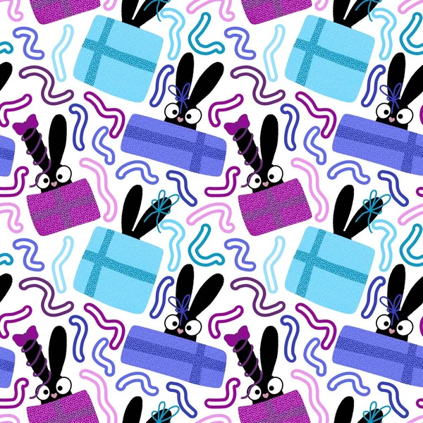 Christmas Rabbit Seamless Animals Bunny Gifts Box Snowflakes Pattern Wrapping — Stock Photo, Image