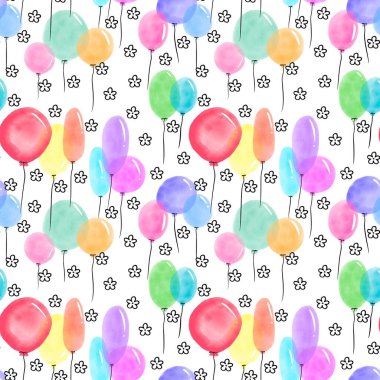 Suluboya şenlik balonları, ambalaj kağıtları, tatil aksesuarları, kumaşlar, çarşaflar, ambalajlar ve sevgililer günü not defterleri için kusursuz doğum günü karikatürleri. Yüksek kaliteli illüstrasyon