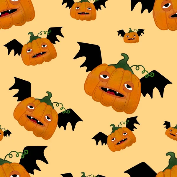 Kawaii Cute Cartoon Halloween Pumpkins Seamless Autumn Harvest Pattern Wrapping — ストック写真