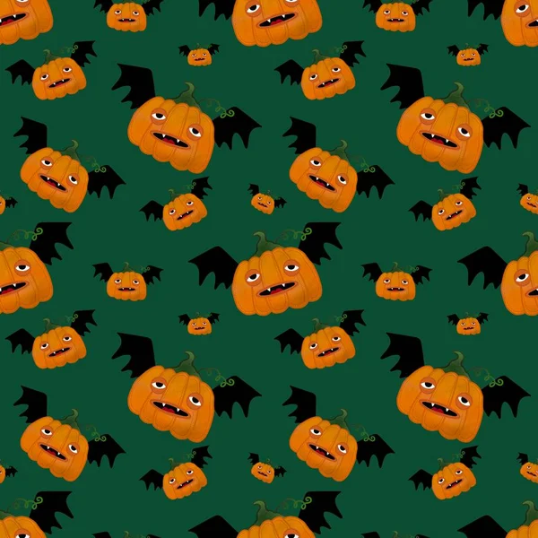 Kawaii cute cartoon Halloween pumpkins seamless autumn harvest pattern for wrapping paper and fabrics and packaging and textiles and kids clothes print and accessories. High quality illustration