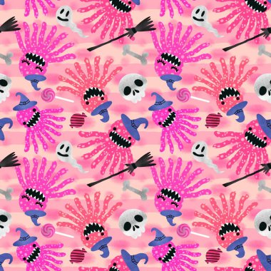 Cadılar Bayramı hayvanları, çizgi filmsiz karikatür desenli ahtapot desenli ambalaj kağıdı ve giysi çocuk baskısı, kumaş ve hobiler ve çocuk aksesuarları, not defterleri ve çarşafları. Yüksek kaliteli illüstrasyon