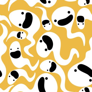 Cadılar Bayramı hayaletleri, ambalajsız kawaii desenli ambalaj kağıtları ve çocukların giysi baskıları, aksesuarlar, çarşaflar, kumaşlar ve hediye kutuları. Yüksek kaliteli illüstrasyon