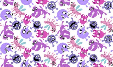 Canavarlar, çizgi film karakterleri. Kâğıt, kıyafet baskısı, çocuk aksesuarları, kumaşlar, çarşaflar, tekstil ve notlar için kusursuz cadılar bayramı karalaması desenleri. Yüksek kaliteli illüstrasyon