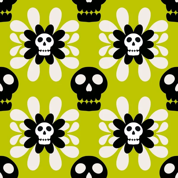 Halloween skulls and stripes and flower seamless skeletons cartoon pattern for wrapping paper and clothes print and festive accessories and fabrics and textiles and hobbies. High quality illustration