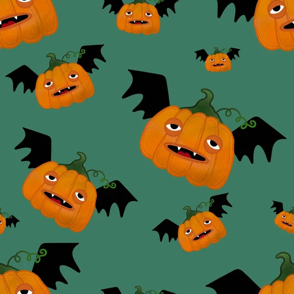 Kawaii Cute Cartoon Halloween Pumpkins Seamless Autumn Harvest Pattern Wrapping — Stockfoto