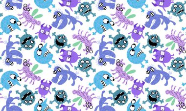 Canavarlar, çizgi film karakterleri. Kâğıt, kıyafet baskısı, çocuk aksesuarları, kumaşlar, çarşaflar, tekstil ve notlar için kusursuz cadılar bayramı karalaması desenleri. Yüksek kaliteli illüstrasyon