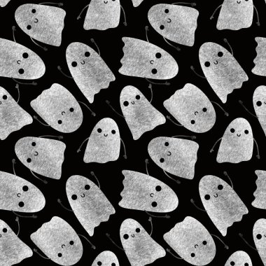 Cadılar Bayramı hayaletleri, ambalajsız kawaii desenli ambalaj kağıtları ve çocukların giysi baskıları, aksesuarlar, çarşaflar, kumaşlar ve hediye kutuları. Yüksek kaliteli illüstrasyon