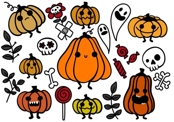 Autumn doodle Halloween set with cartoon pumpkins and skulls and ghost for stickers and wrapping paper and fabrics and accessories and notebooks and hobbies. High quality illustration