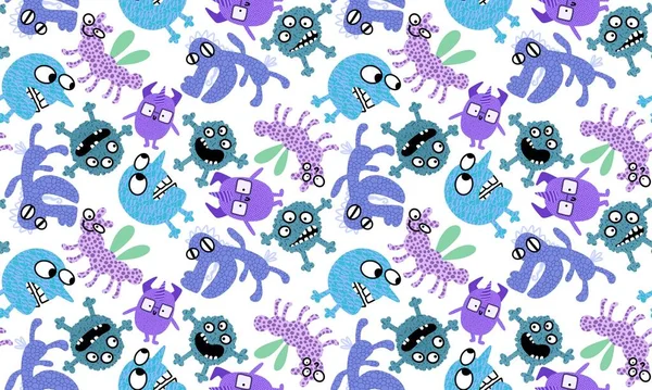 Monsters Aliens Cartoon Seamless Halloween Doodle Pattern Wrapping Paper Clothes — Stock Photo, Image