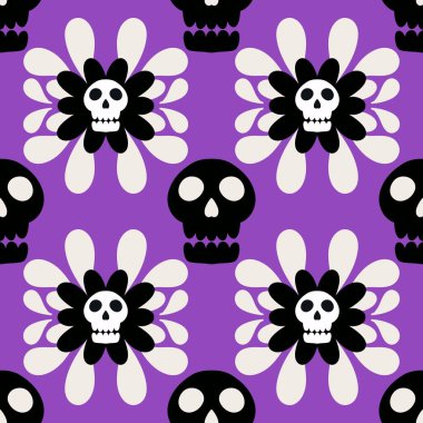 Cadılar Bayramı kafatasları ve çizgiler ve çiçek desensiz iskeletler ambalaj kağıdı ve kıyafet baskısı ve festival aksesuarları ve kumaşlar ve tekstil ve hobiler için çizgi film desenleri. Yüksek kaliteli illüstrasyon