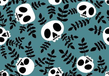 Cartoon doodle seamless Halloween skulls pattern for wrapping paper and clothes print and kids accessories and fabrics and notebooks and textiles. High quality illustration