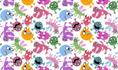 Canavarlar, çizgi film karakterleri. Kâğıt, kıyafet baskısı, çocuk aksesuarları, kumaşlar, çarşaflar, tekstil ve notlar için kusursuz cadılar bayramı karalaması desenleri. Yüksek kaliteli illüstrasyon