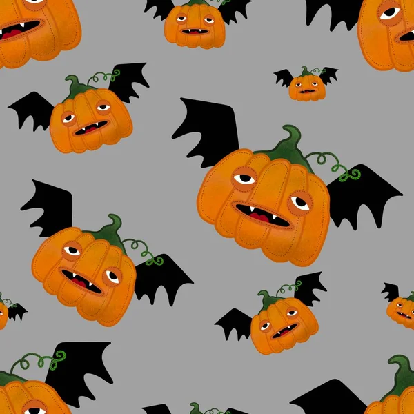 Kawaii Cute Cartoon Halloween Pumpkins Seamless Autumn Harvest Pattern Wrapping —  Fotos de Stock