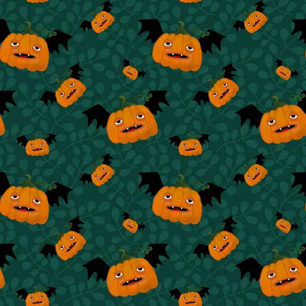 Kawaii cute cartoon Halloween pumpkins seamless autumn harvest pattern for wrapping paper and fabrics and packaging and textiles and kids clothes print and accessories. High quality illustration