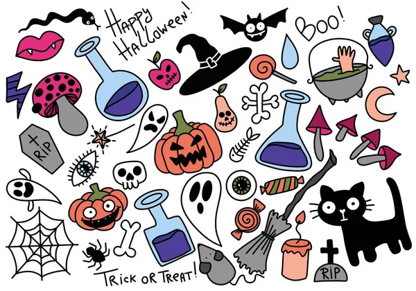 Halloween set doodle cartoon for stickers and fabrics and kids and accessories and notebooks and hobbies and decorations. High quality illustration