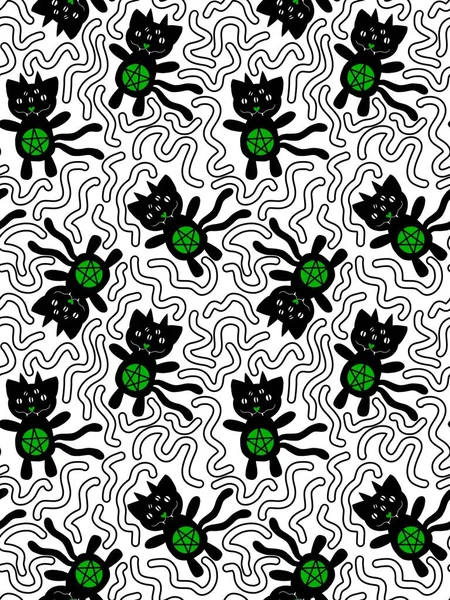 万圣节黑猫无缝怪物图案包装纸和孩子衣服 印刷品和配件 亚麻布 织物和笔记本 高质量的例证 — 图库照片