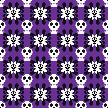 Cadılar Bayramı kafatasları ve çizgiler ve çiçek desensiz iskeletler ambalaj kağıdı ve kıyafet baskısı ve festival aksesuarları ve kumaşlar ve tekstil ve hobiler için çizgi film desenleri. Yüksek kaliteli illüstrasyon