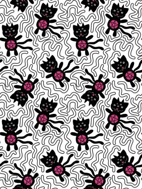 Cadılar Bayramı kara kedileri kağıt sarmak için kusursuz canavar desenleri ve çocukların giysi baskıları ve aksesuarlar ve çarşaflar ve kumaşlar ve defterler. Yüksek kaliteli illüstrasyon