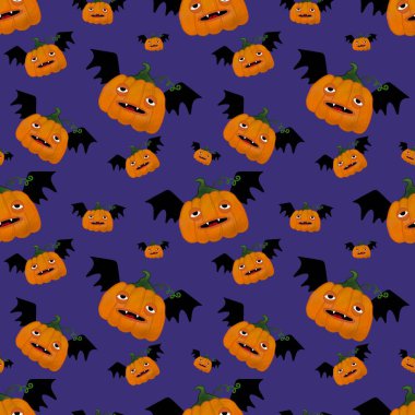 Kawaii cute cartoon Halloween pumpkins seamless autumn harvest pattern for wrapping paper and fabrics and packaging and textiles and kids clothes print and accessories. High quality illustration
