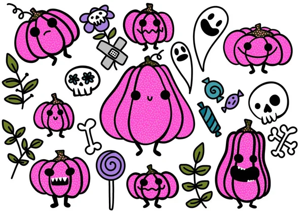 Autumn doodle Halloween set with cartoon pumpkins and skulls and ghost for stickers and wrapping paper and fabrics and accessories and notebooks and hobbies. High quality illustration