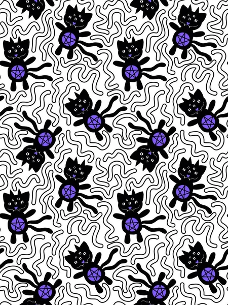 Хеллоуїн Чорні Кішки Безшовний Візерунок Монстрів Обгортання Паперу Дитячого Одягу — стокове фото