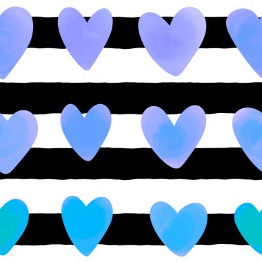 Suluboya sevgililer günü kartı kalpler, kağıt sarmak için kusursuz yatay çizgiler ve çocuk giysileri, kumaşlar, aksesuarlar, çarşaflar ve tekstil. Yüksek kaliteli illüstrasyon